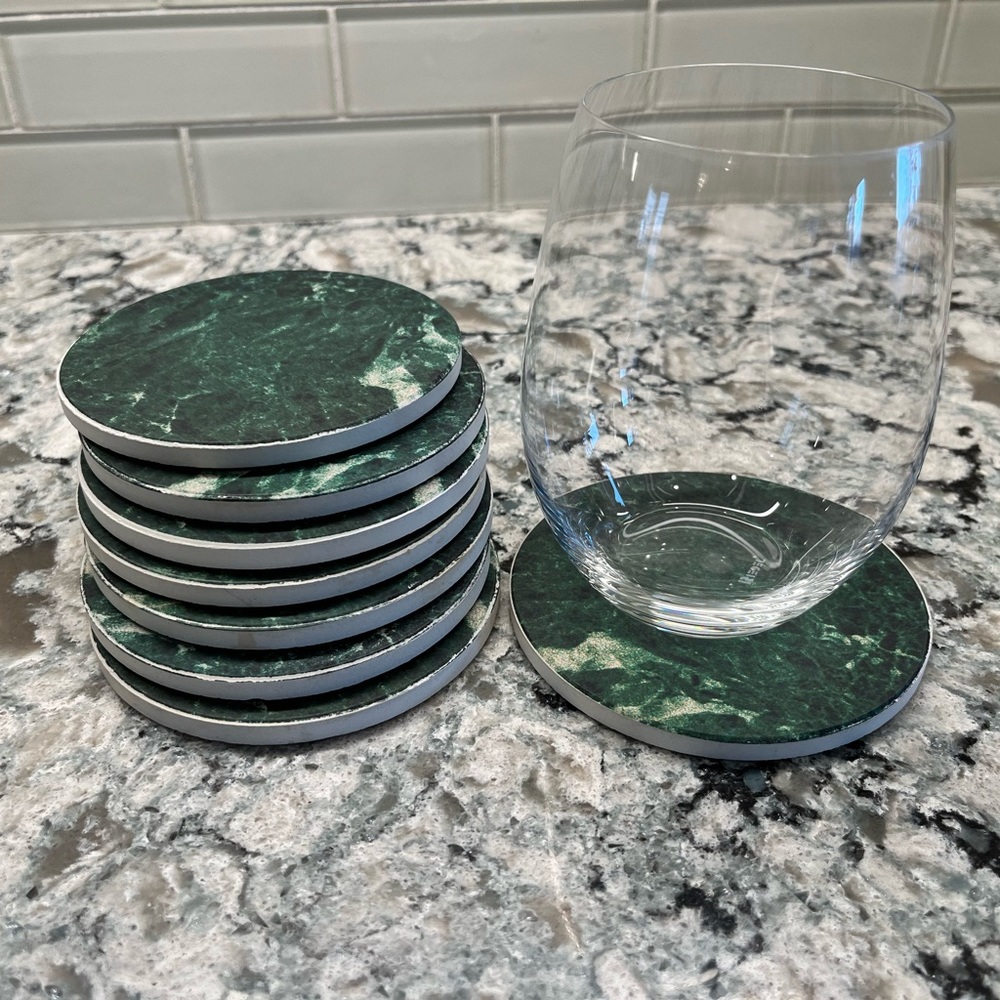 8 stone top and cork bottom, marbleized coasters.